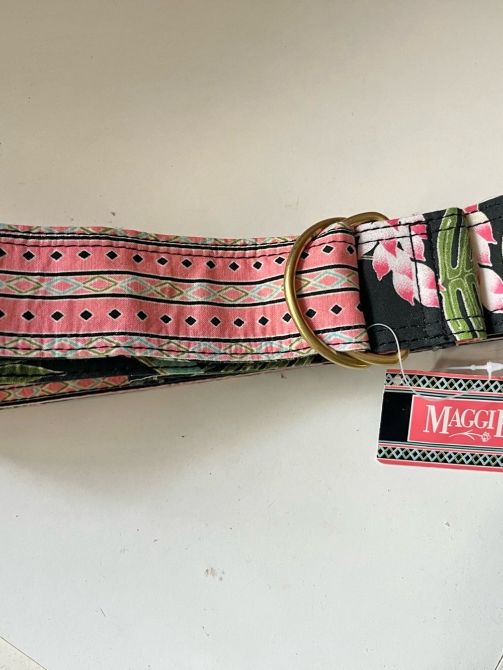 Maggi B Reversible Fabric Belt Tropical Floral Pink Green D Ring Boho NWT